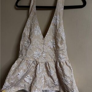 SHEIN Beige Floral Embroidered Plunge Peplum Tank